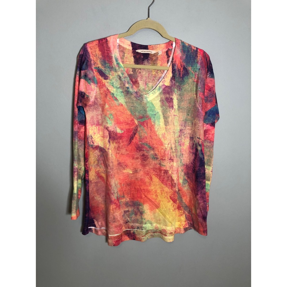 Soft Surroundings Top Women S Multi-Color Abstract Painterly V-Neck Long Sleeve